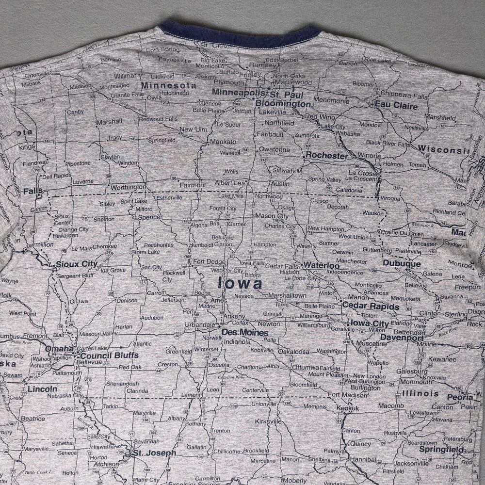 Vintage 90s Iowa Home Sweet Home All Over Print Map Ringer T-Shirt Gray XL 2XL